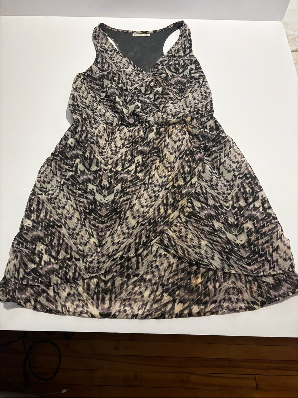 Sleeveless Printed Mini Dress in Black & Cream with hints of Purple